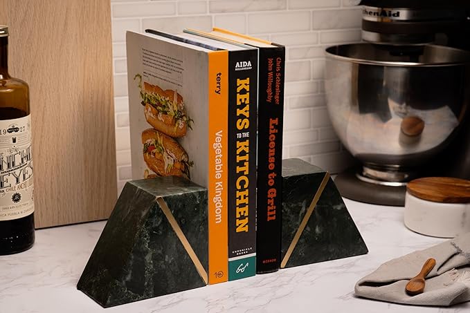 Cork & Mill Marble Bookends, Heavy Book Ends for Shelves, Handcrafted Solid Marble Bookshelf Decor, Decorative Green Book Stoppers with Gold Brass Accent, Non-Skid Bottom, Set of 2