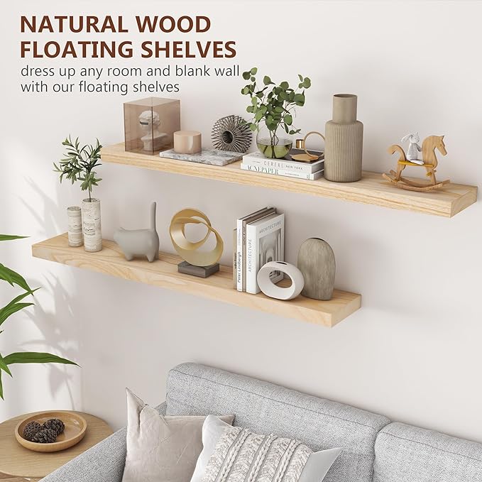 Natural Wood Floating Shelves, 48 Inch Wood Floating Shelves Set of 2, Natural Raw Wood Shelves for Living Room Bedroom Home Office - Natural