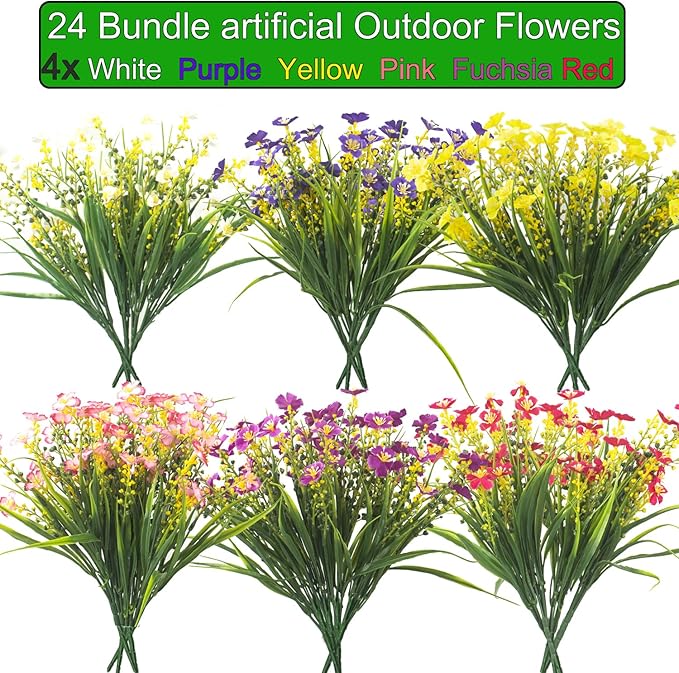 24 Bundles Artificial Faux Flowers Outdoor Plants for Autumn Summer Decoration,Fake Silk Realistic UV Resistant Colorful Daisy for Outside Home Porch Patio Balcony Yard Decor