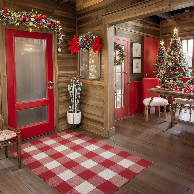 SEEKSEE Cotton Buffalo Plaid Rug 27.5"x43" Red and White Checked Rug Washable Doormats Indoor Outdoor Rugs for Layered Front Door Mats, Porch, Kitchen, Farmhouse, Entryway