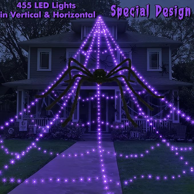 Halloween Spider Web Lights Decoration 455 LED Spider Webs Halloween Decorations Outdoor with 59" Large Spider & 3.53 oz Stretch Cobweb 16.4 Ft Light Up Giant Spider Web with 8 Modes & Timer (Purple)