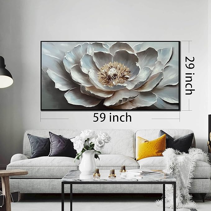 White Flower Wall Art for Bedroom Teenage Girl - Modern Hand Painted Home Wall Decor for Living Room - Large Black Framed Wall Art Size 29" x 59"