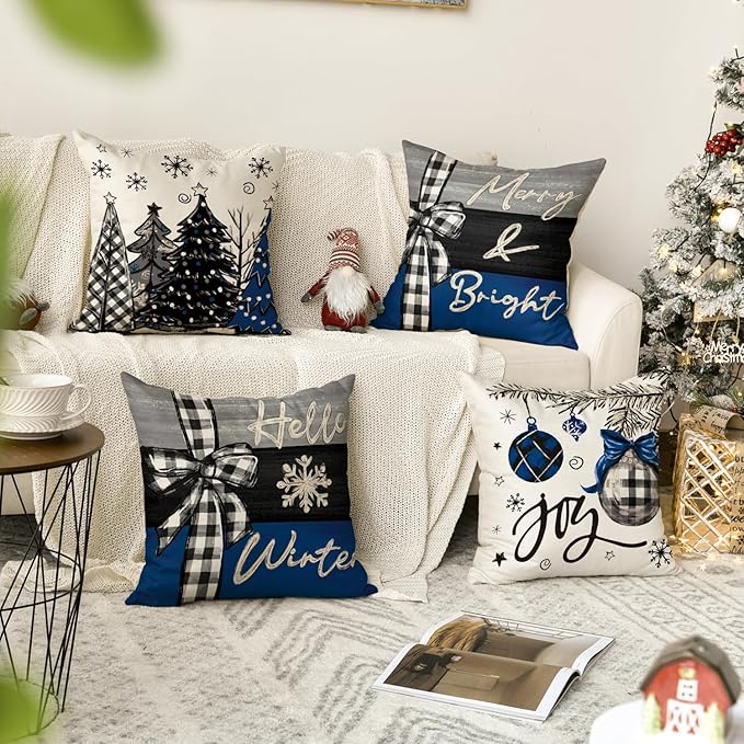 AVOIN colorlife Merry Christmas Joy Xmas Trees Blue and Black Throw Pillow Covers, 16 x 16 Inch Christmas Winter Holiday Cushion Case Decoration for Sofa Couch Set of 4