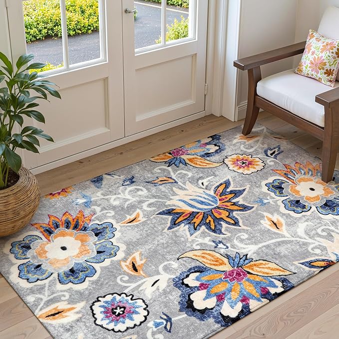 Lahome Floral Washable Carpet for Living Room - 3x5 Non-Slip Lightweight Kitchen Rugs, Throw Soft Small Area Rug for Bedroom Grey Paisley Print Aesthetic Rug for Entryway Bathroom Laundry Room Office