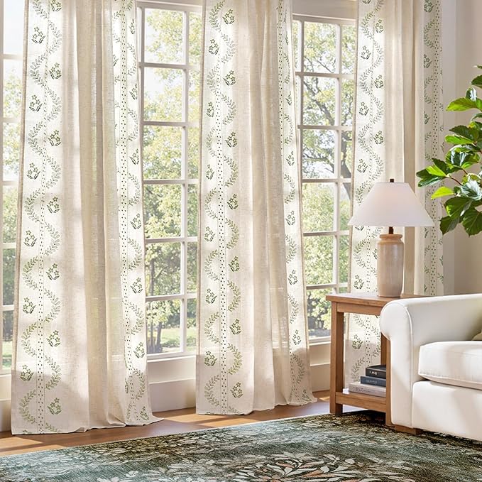jinchan Belrose Linen Curtains for Bedroom Floral Curtains 108 Inch Length Linen Blend Sage Green Embroidered Drapes Farmhouse Flower Patterned Drapes for Living Room Window Treatments Set 2 Panels