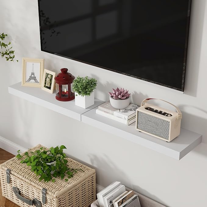 Axeman Floating Shelves, 8 Inch Deep Rustic Solid Wood Wall Shelves for Storage, Wall Mounted Display Shelving with Invisible Heavy-Duty Metal Bracket, 36" W x 8" D x 1.6" H, Distressed White