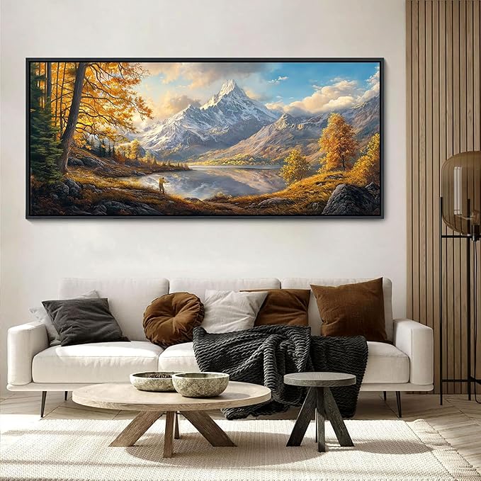 YCPRIMER Extra Large Landscape Wall Art - Mountain Canvas Wall Decor Nature Forest Picture Yellow Tree Painting Moon Art for Living Room Bedroom Dining Room Decoration Framed Artwork Size 70x31inchs