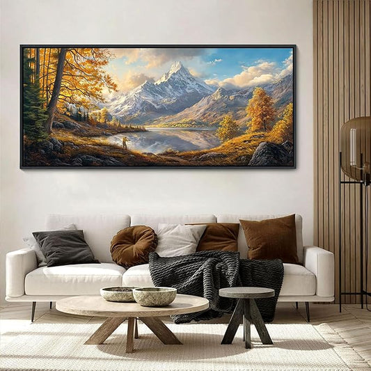 YCPRIMER Extra Large Landscape Wall Art - Mountain Canvas Wall Decor Nature Forest Picture Yellow Tree Painting Moon Art for Living Room Bedroom Dining Room Decoration Framed Artwork Size 70x31inchs