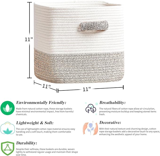 Storage Cube Baskets 3-Pack - 11 inch Square Baskets, Closet & Shelves Organizers - Woven & Drawer Storage - Ideal for Toys | White & Beige