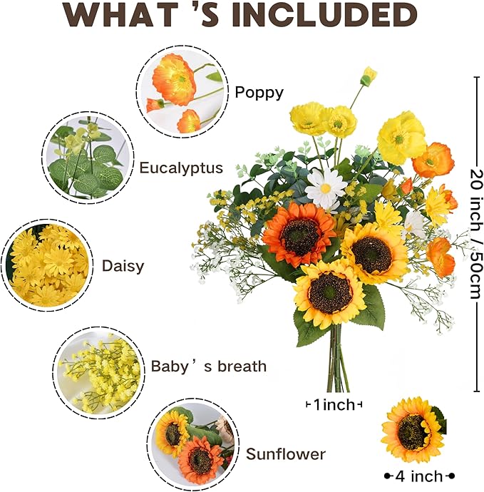 Artificial Sunflowers Bouquet 20" Fake Flower with Faux Silk Sunflower for Spring Summer Wedding Centerpieces Home Decor Party Table Floral Arrangements Cemetery Indoor Outdoor Decorations