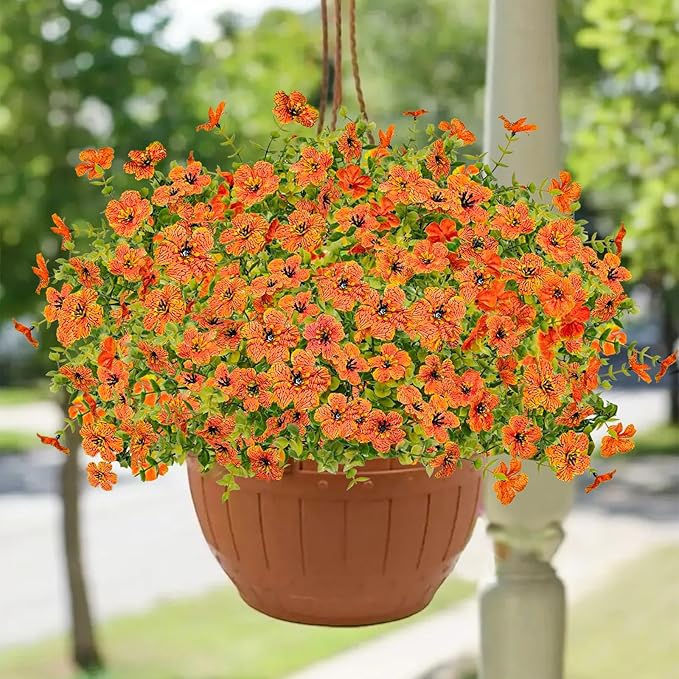 Agusbagli 72 Bundles Artificial Fall Flowers Outdoor UV Resistant Fake Autumn Boxwood Plants No Fade Faux Fall Flowers Arrangements for Outdoor Home Porch Garden Thanksgiving Fall Decor, Orange