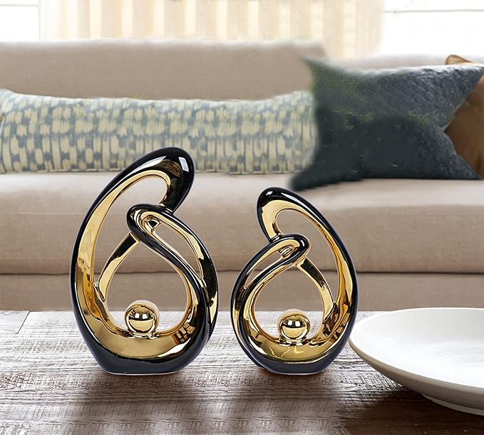 2 Pcs Black and Gold Decor Table Sculpture Decorations Ceramic Statue Mid Century Modern Decor Figurine Centerpieces for Dining Room Living Room Fireplace Shelf Office Coffee Table Decor