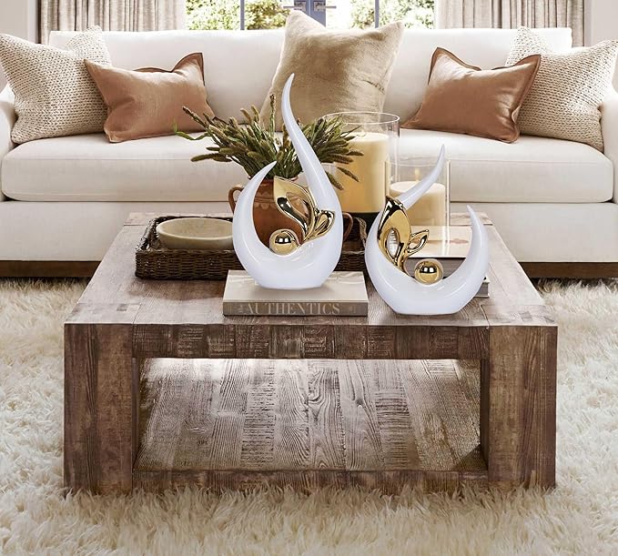 2 PCS White Home Decor Accent White and Gold Dining Table Centerpiece Decor Ceramic Mid Century Modern Bookshelf Decor Decorations Sculpture Centerpieces for Entryway Living Room Coffee Shelf Office