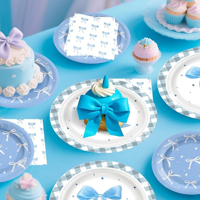 180Pcs Blue Bow Party Supplies Paper Plates and Napkins Serve 60 Disposable Tableware Set for Birthday Party Decorations Game Day Family School Holiday Sports Events