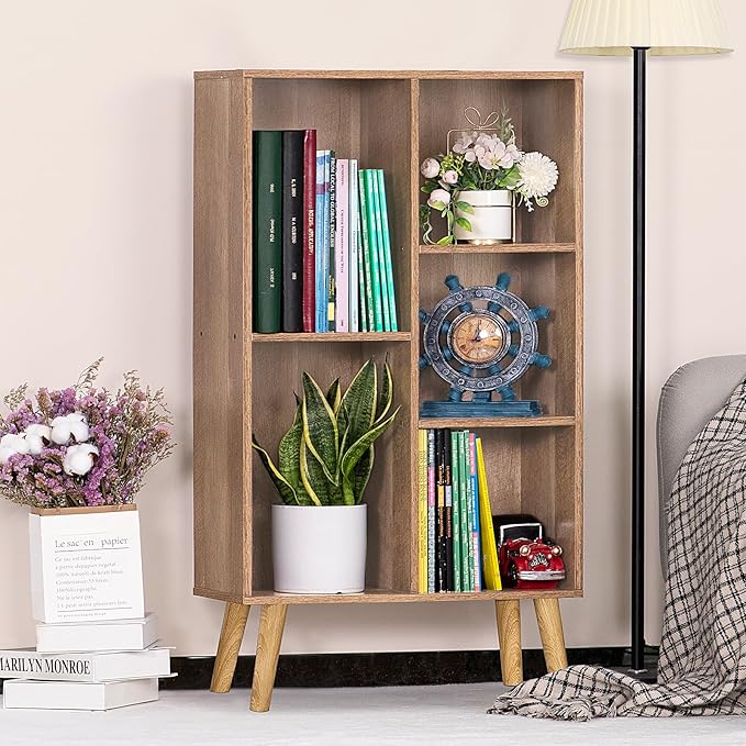 LEYAOYAO 5 Cube Small Bookshelf,3 Tier Mid-Century Bookcase with Legs,Wood Kids Bookshelves Storage Organizer Shelf,Free Standing Narrow Book Shelves,Oak Grey Corner Bookcases for Bedroom,Living Room