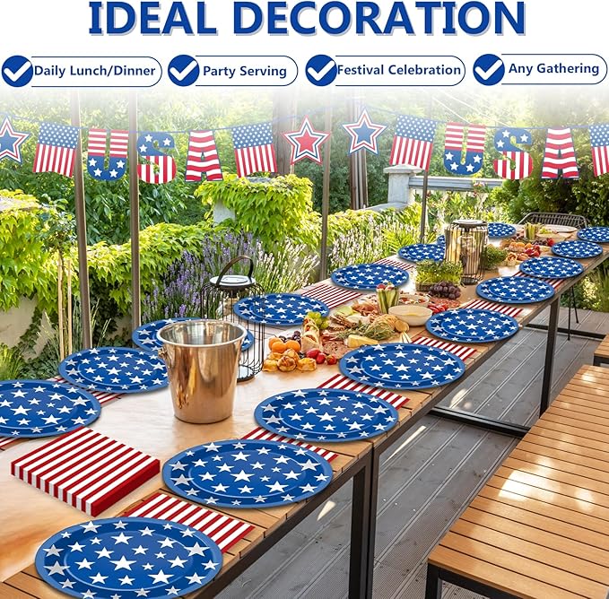 Patriotic Oval Paper Plates 11inch 4th of July American Flag Paper Plate and Napkin, Dish Tray Independence Party Decoration Supplies for Veterans Election Day Memorial Day Tableware, 25 Guest