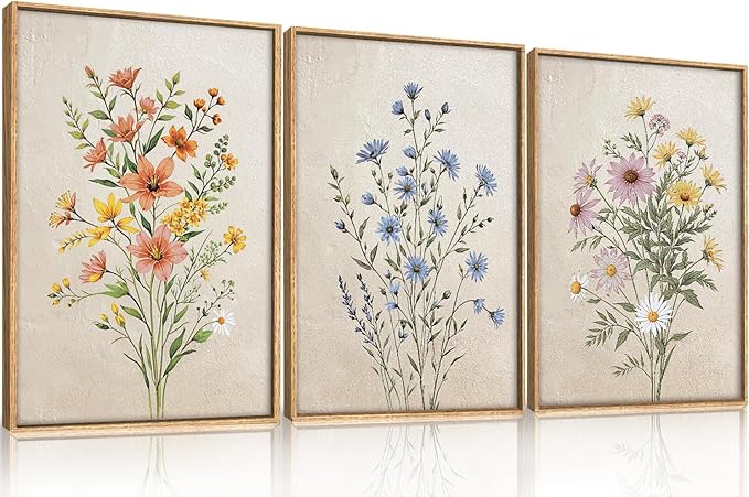HPINUB Colorful Wildflower Canvas Framed Wall Art Set,Minimalist Botanical Floral Wall Decor,Vintage Flower Artwork,Modern Watercolor Boho Bouquet Art Print for Living Room,Bedroom,Farmhouse-24"x36"x3