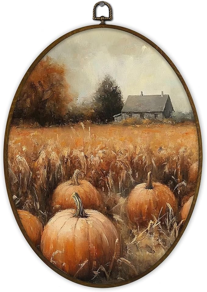 Gnmduw Rustic Fall Pumpkin Oval Wall Art Framed, Vintage Fall Pumpkin Canvas Prints Hanging Decor, Cottagecore Pumpkins Field Wildflower Wall Decor for Farmhouse Living Room Bedroom, 8.7x11.3 In