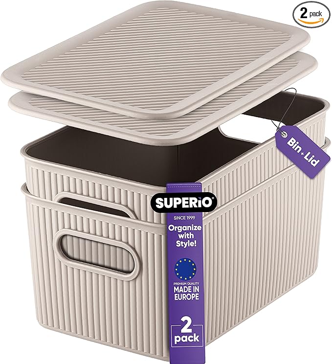 Superio Ribbed Collection - Decorative Plastic Lidded Home Storage Bins Organizer Baskets, Medium Taupe (2 Pack - 5 Liter) Stackable Container Box, for Organizing Closet Shelves Drawer Shelf