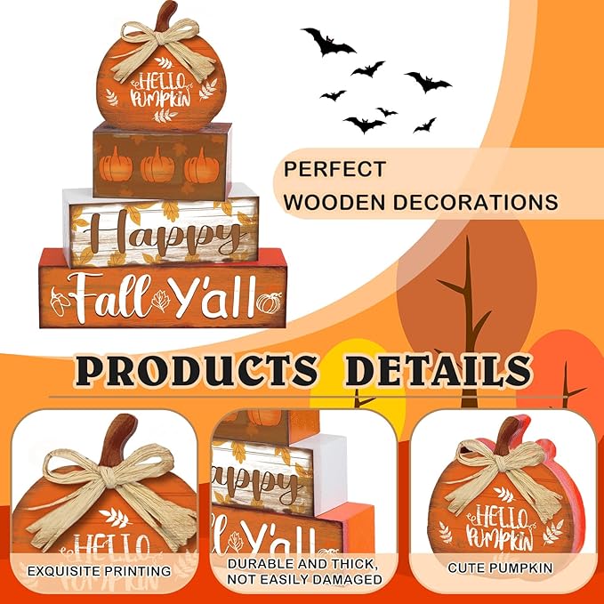 4 Pcs Fall Decor for Home Hello Pumpkin Wooden Signs with Blessed Autumn Tiered Tray Decor Farmhouse Pumpkin Tabletop Centerpiece Maple Leaf Block Signs for Fall Thanksgiving Office Kitchen Shelf