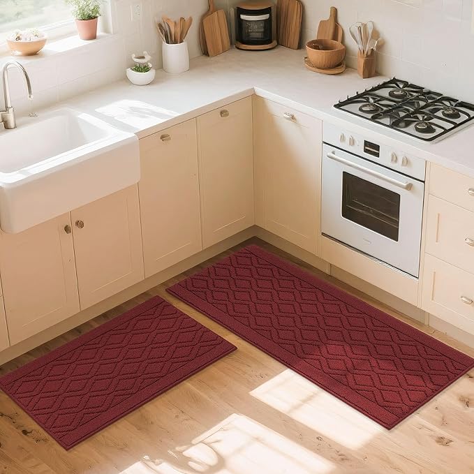 COSY HOMEER 48x20 Inch/30X20 Inch Kitchen Rug Mats Made of 100% Polypropylene 2 Pieces Soft Kitchen Mat Specialized in Anti Slippery and Machine Washable,red