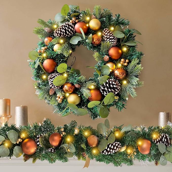 WANNA-CUL Pre-Lit 6 ft/ 72 Inch Christmas Garland with Lights Decoration for Mantle with Copper Gold Christmas Ball Ornaments,Battery Operated 30 LED Lights
