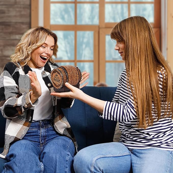 Cabin Obsession Whiskey Barrel Coaster Set – Handcrafted Whiskey Barrel Decor for Whiskey Lovers and Man Cave Gifts for Men - 6 Full Size Whiskey Coasters with Barrel Style Holder for Man Cave Décor