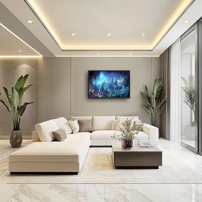 Flintis Large Unicorn Wall Art Unicorn Castle Moon Pictures Wall Decor Abstract Animal Canvas Painting Print Artwork Decoration Framed for Living Room Bathroom Master Bedroom Office 36L x 24W