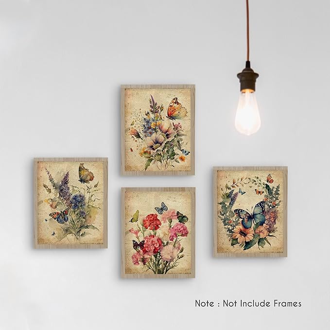HRQKO Vintage Butterfly Floral Wall Art Poster Prints Set of 4, Floral Wall Art, Retro Wildflower Artwork Printing Posters Wall Decor, Butterfly Flowers Prints for Living Room Bedroom 8”x10” Unframed