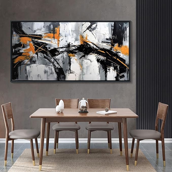 Framed Large Abstract Canvas Wall Art Modern Wall Art for Living Room - Canvas Wall Decor for Office and Home - Framed Artwork for Walls Black, White, Gray and Unique Orange Accents 29×58in