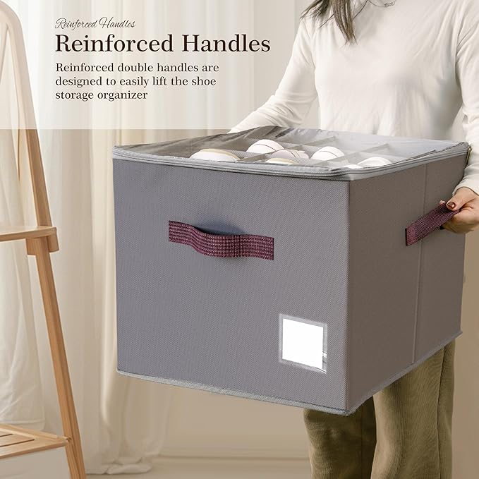 Criusia Shoe Organizer for Closet, 4 Pack Shoe Organizer with Transparent Cover and Sturdy Handles, Closet Shoe Storage for Sneakers Sandals Slippers, Fit 12-16 Pairs, Gray