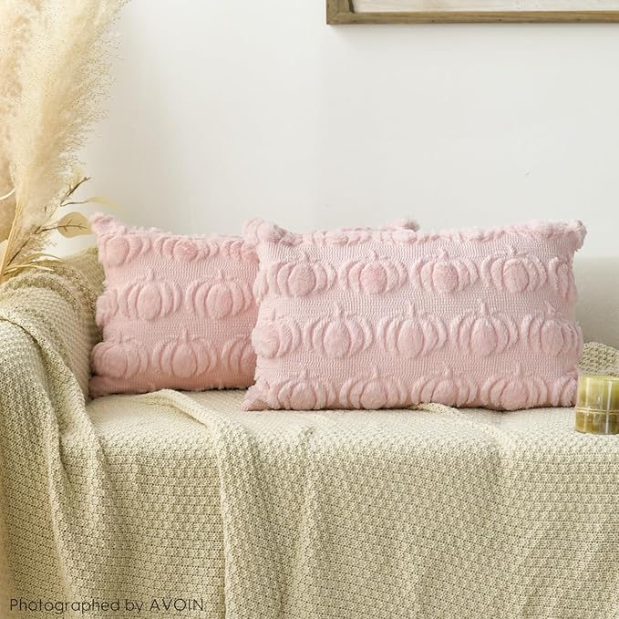 AVOIN colorlife Fall Pumpkin Pink Throw Pillow Covers, 12 x 20 Inch Seasonal Autumn Thanksgiving Harvest Decoration Soft Plush Faux Fur Jacquard Cushion Case Decoration for Sofa Couch Set of 2