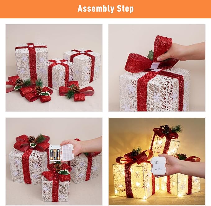 Christmas Decorations, Set of 3 Christmas Lighted Gift Boxes, Battery Operated Xmas Present Boxes, Warm White LED with Bows for Indoor Christmas Tree, Yard, Home Decor