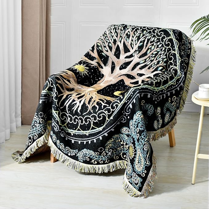 Boho Throw Blanket Reversible Cotton Bohemian Tapestry Hippie Room Decor Outdoor Blanket Double Sided (Boho Tree 50"x60")