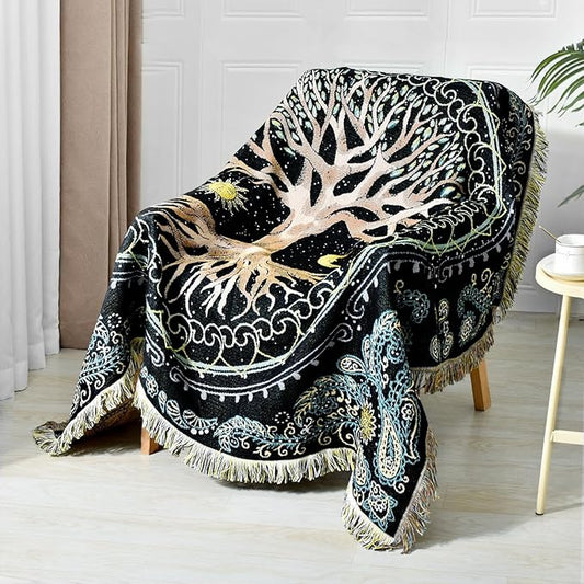 Boho Throw Blanket Reversible Cotton Bohemian Tapestry Hippie Room Decor Outdoor Blanket Double Sided (Boho Tree 50"x60")