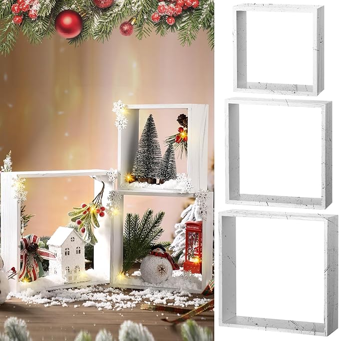 3 Pcs Christmas Wooden Table Decoration Centerpiece Sign Crafts for Farmhouse Desk Coffee Tabletop Fireplace Mantle Bookshelf Tiered Tray Shelf Accents Rustic DIY Ornament(White,Square)