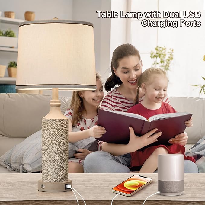 AIDENOEY 27.5" H 3-Way Dimmable Touch Control Table Lamp with USB A+C Ports, Vintage Washed White Finish Resin Bedside Farmhouse Table Lamp Set of 2，for Living Room，Bedroom，Office