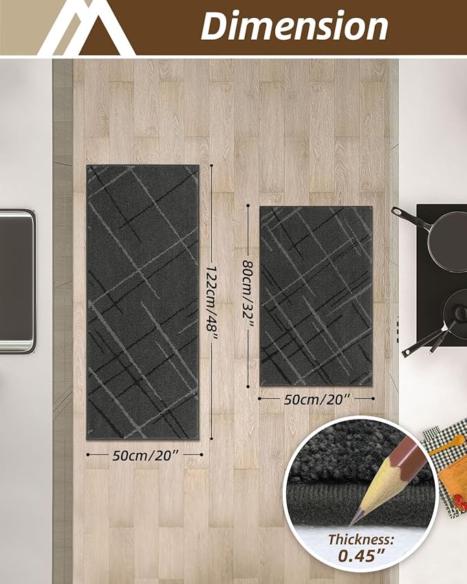 COSY HOMEER Kitchen Mats, 2 PCS Kitchen Rug Non Slip Washable, Absorbent Runner Rugs for Kitchen Floor, Polyester Kitchen Sink Rug 20"x32" + 20"x48"(Grey)