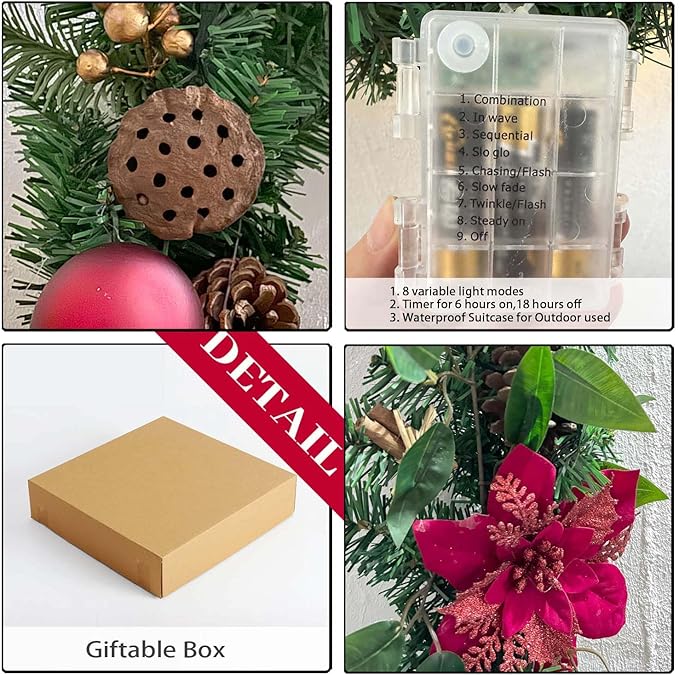 WANNA-CUL Pre-lit 6 Feet Christmas Garland with Lights for Front Door, Red Gold Ligthed Christmas Mantel Garland Decoration with Ball Ornaments,Dry Lotus, Battery Operated 30 LED