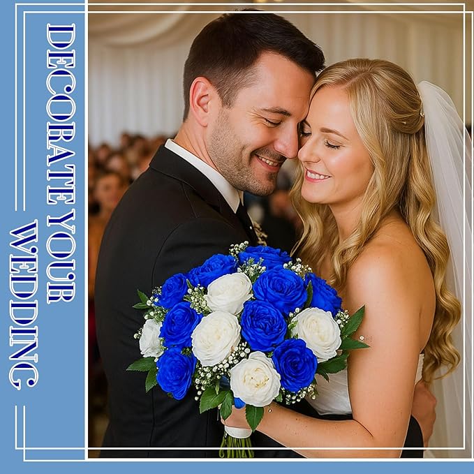 Geosar 8 Bundles Artificial Peonies Flowers Fake Silk Peony Bouquet Faux Peonies Flowers Bulk for Decoration Vase Florals Arrangements Wedding Party Table (Royal Blue,White)