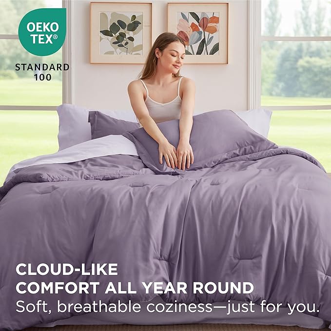 Bedsure King Size Comforter Set - 7 Pieces Grayish Purple King Bedding Set for All Seasons, Boho Contrasting Design Bed in a Bag with Comforter, Sheets, Pillowcases & Shams