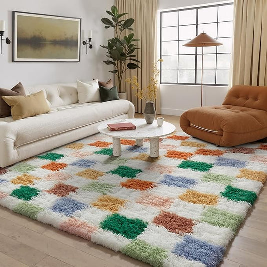 Checkered Rug 5x7 for Living Room, Modern Neutral Shag Rug Super Soft Washable Indoor Fuzzy Carpet Non-Slip Fluffy Rugs for Bedroom Home Aesthetic Decor
