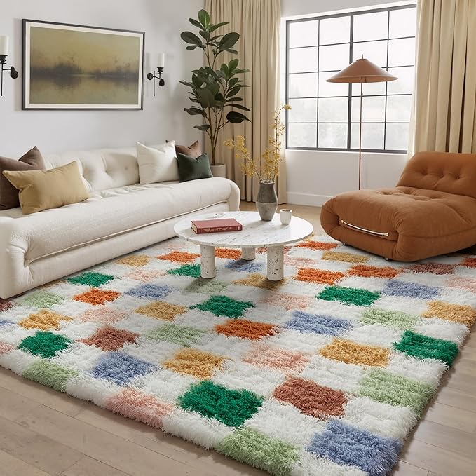 Checkered Rug 6x9 for Living Room, Modern Neutral Shag Rug Washable Non-Slip Large Area Rug Super Soft Indoor Fuzzy Carpet Fluffy Rugs for Bedroom Home Aesthetic Decor