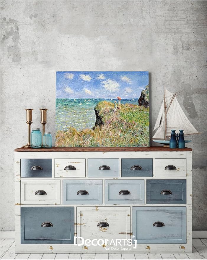 DECORARTS - The Cliff Walk At Pourville, Claude Monet Art Reproduction. Giclee Canvas Prints Wall Art for Home Decor 20x16