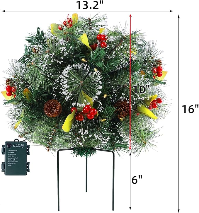 Glintoper Pre-lit Christmas Urn Filler, Lighted Artificial Mini Xmas Pine Trees with Tripod Stake, Light Up 8 Modes & Timer, Battery Powered Outdoor Planter Filler Festival Holiday Home Decor, 2 Pack