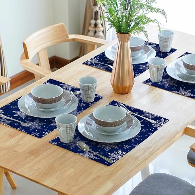 Winter Blue Snowflake Placemats 12×18 Inches Set of 4 Holiday Indoor Kitchen Dining Table Place Mats for Home Party Decoration
