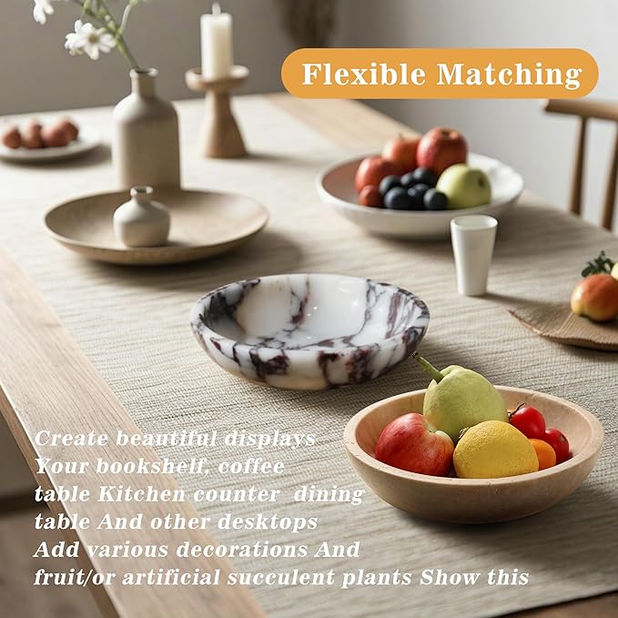 Marble Decorative Bowl for Kitchen Counter, Natural Travertine Serving Bowl with,Modern Display Bowl for Dining Table Centerpiece Home Decor(7.8 Inch)