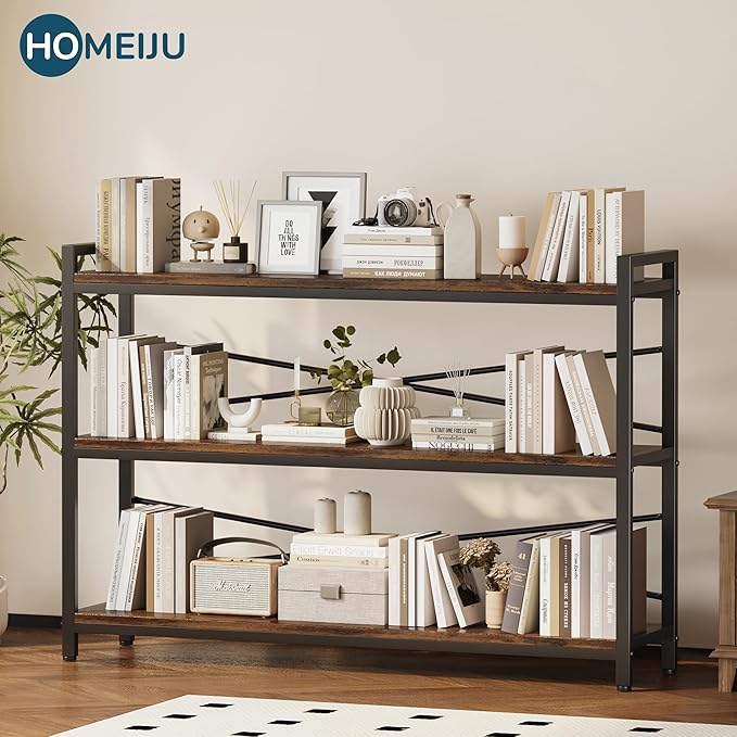3 Tier Bookshelf 47.24" Width, Wood and Metal Etagere Bookcase, Vintage Farmhouse Modern Wooden Large Book Shelf for Home Living Room Bedroom Office Storage(Rustic Brown)
