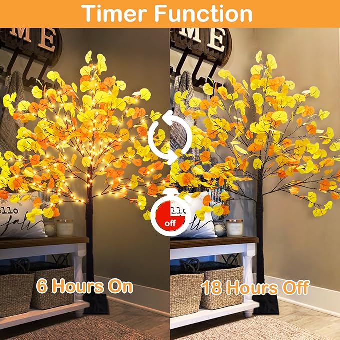 4 FT Prelit Fall Lighted Ginkgo Tree with 140 LEDs Timer Fall Tree with Lights & 8 Flashing Modes Autumn Decoration for Home Wedding Indoor Outdoor Thanksgiving Halloween Christmas Decor