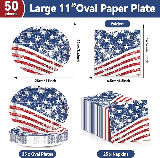 4th of July Oval Paper Plates 11inch Paper Plate and Napkin, Dish Tray American Flag Supplies Party Decoration Patriotic Supplies for Independence Veterans Labor Day Memorial Day Tableware, 25 Guest